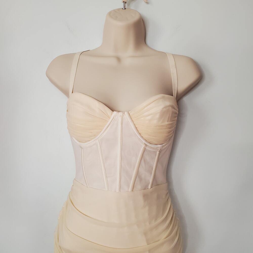 Oh Polly Overload Mesh Bodycon Corset Mini Dress Ivory Cream Ruched Lined Size 6 - Picture 6 of 14